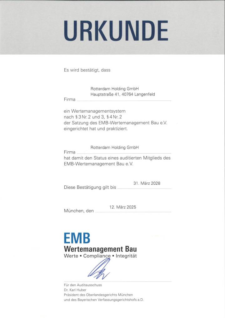 Erneute Zertifizierung durch die EMB-Wertemanagement Bau e.V. 